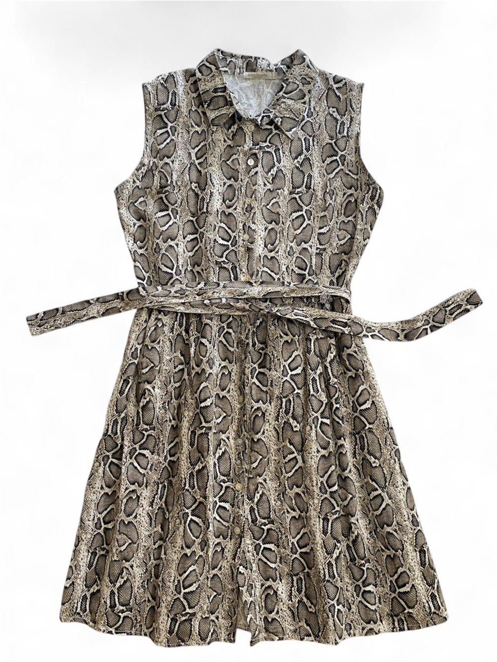 Italian Linen Dress Sleeveless Snakeskin Print with Waist Tie - Neutral